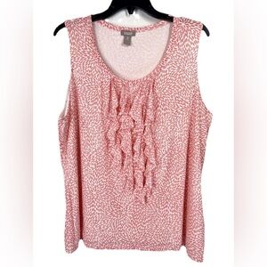 Chicos Sleeveless Top Sz 3/XL Pink White Waterfall Ruffle Medallion Floral Tank
